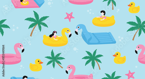 Seamless summer pool party pattern with people on flamingo and duck floats, palm trees, and starfish on a light blue background.