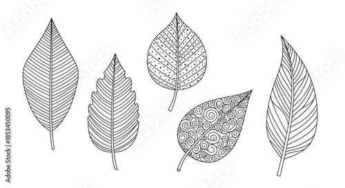 Collection of five unique hand-drawn leaves with different shapes and decorative patterns like dots and swirls for coloring projects.