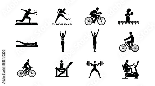 Collection of diverse sports and fitness black silhouette vector icons, featuring athletic activities, gym workouts, and active lifestyle elements.