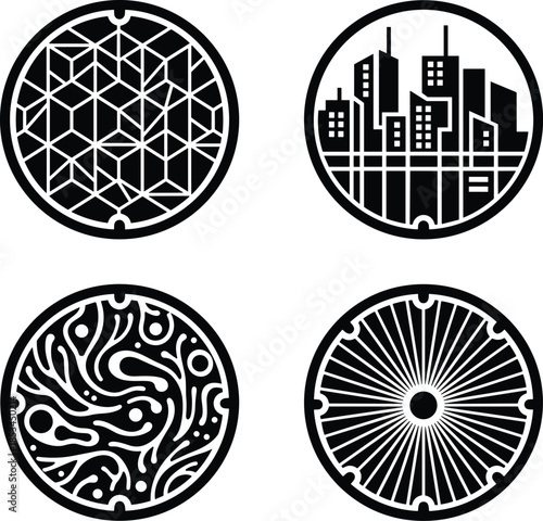 Decorative manhole covers set with geometric city skyline and abstract organic patterns for street