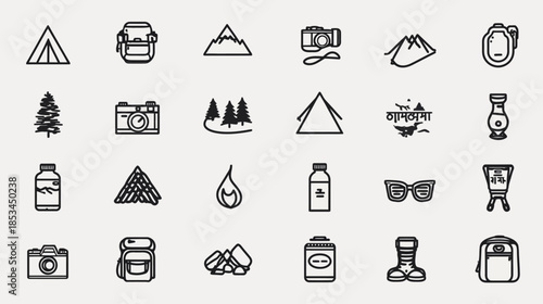 Outdoor adventure and camping line icons set. Vector collection of travel, hiking, nature exploration, and recreation symbols.