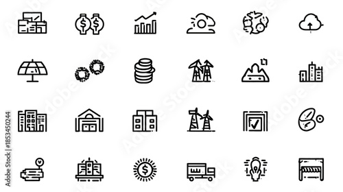 Collection of Business, Finance, Technology, and Energy Line Icons. Corporate, economic, digital, and sustainability symbols set.