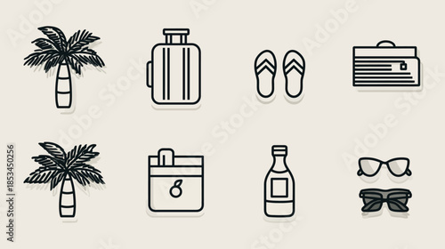 Summer Travel and Vacation Essentials Line Art Icons Set. Tropical Holiday and Beach Trip Items Collection.