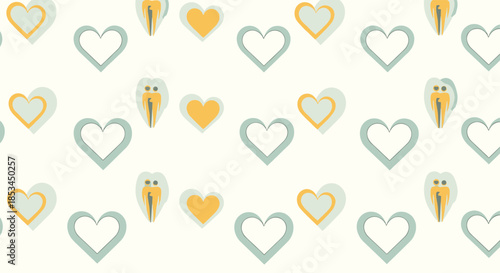 Seamless romantic pattern with minimalist heart shapes and abstract couple silhouettes in pastel yellow and green on a cream background.