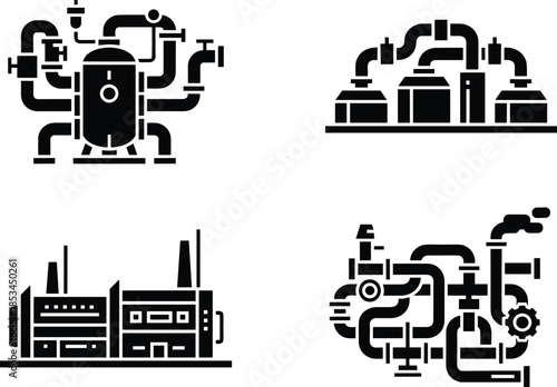 Industrial factory machine and pipeline system flat icons collection for manufacturing and refinery