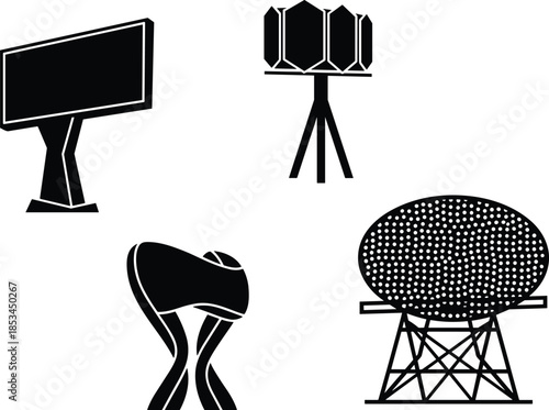 Diverse set of communication towers and futuristic structures on transparent background for design.