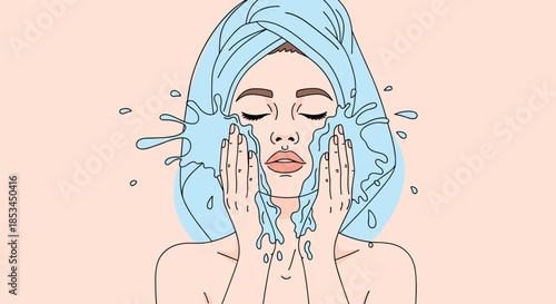 Skincare concept illustration of a serene woman with a towel on her head, washing her face with splashing water and eyes closed.