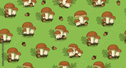 Seamless autumn pattern featuring charming cartoon porcini mushrooms, acorns, and oak leaves on a bright green forest floor background.
