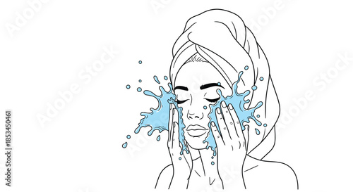 Black and white line art of a woman washing her face with a splash of blue water, her hair wrapped in a towel.