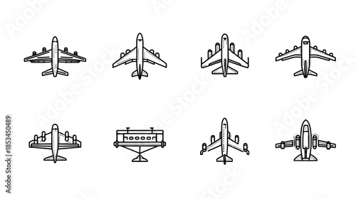Collection of various airplane line art icons, top view. Black and white vector illustrations depicting aircraft for travel, aviation, and transport design.