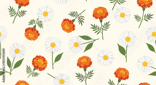 Seamless pattern with beautiful orange marigold and white chamomile flowers on a light cream background for a gentle, floral design.