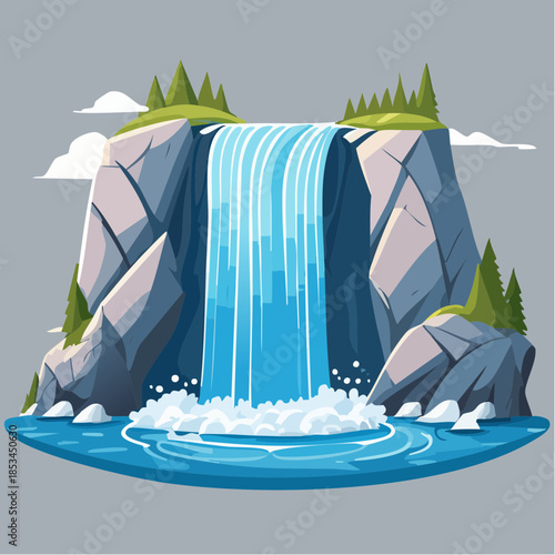 Cartoon illustration of a waterfall cascading over rocks into a pool of water.