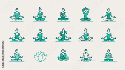 Modern flat vector illustration set of diverse yoga and meditation poses for wellness, mindfulness, and inner peace.