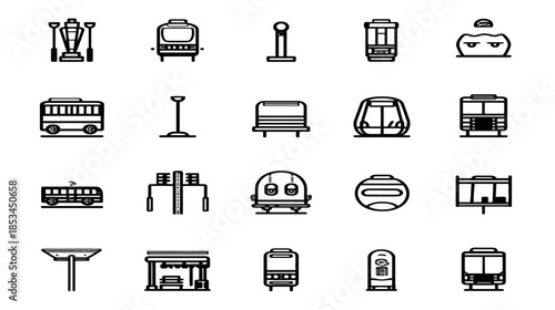 Public Transportation Icons Vector Set. Urban City Transit Vehicles, Stations, and Stops Line Art Collection