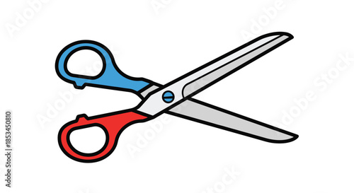 Simple and colorful cartoon illustration of a pair of scissors with red and blue handles, shown in an open position.