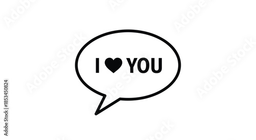 Minimalist black and white speech bubble icon containing the text 'I love you' with a heart symbol for the word 'love'.