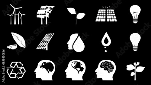 Collection of white flat icons on black background representing environmental protection, renewable energy, sustainability, and human thought.