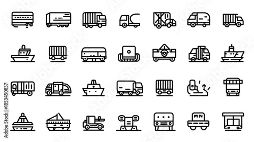 Transportation and Logistics Line Icons Set. Collection of Delivery Vehicles, Public Transport, Cargo Shipping, and Mobility Outline Symbols.