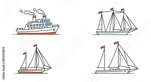 Set of four simple line art illustrations of various sea vessels, including a steamship and three different sailing ships.