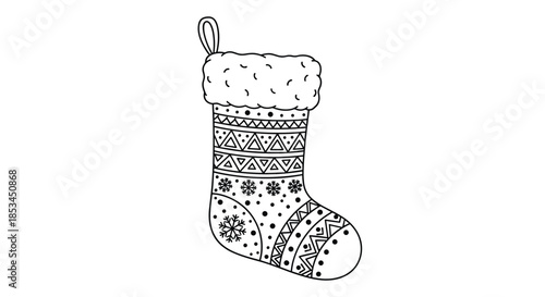 Black and white line drawing of a Christmas stocking with intricate snowflake and geometric patterns, perfect for a holiday coloring page.