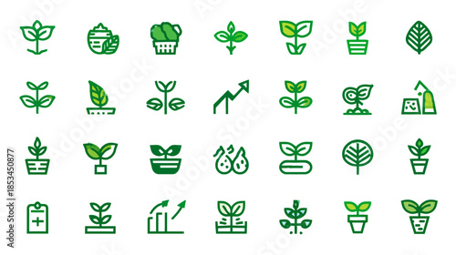 Green Plant Growth & Sustainability Vector Icons. Ecology, Nature, Agriculture, Development, and Eco-Friendly Concepts Collection.
