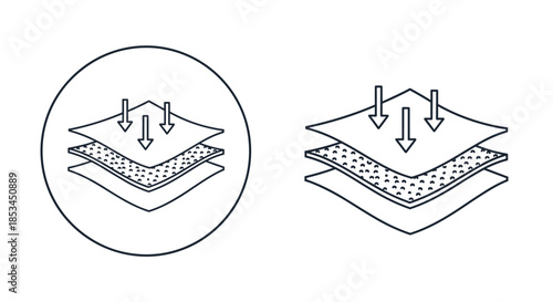 Set of two icons demonstrating absorbent material, with arrows showing moisture being absorbed into the layered fabric in black and white.