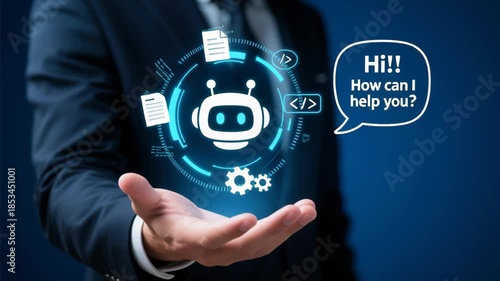 Technology digital interface generative ai machine learning automate task chatbot friendly support concept with glowing hologram and businessman hand offering modern help for seamless workflow