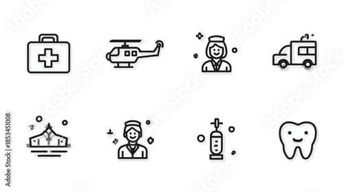 Healthcare and Medical Line Icons Set: Emergency Services, Hospital, Nurse, Ambulance, First Aid Kit, IV Drip, Dental Tooth