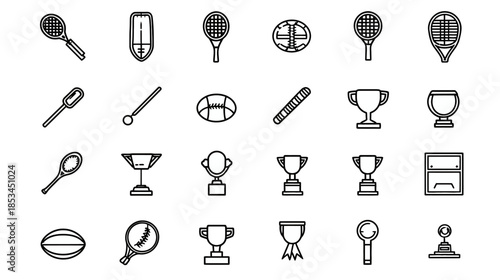 Vector Icons Set of Sports Equipment and Awards. Outline Rackets, Balls, Trophies, and Competition Elements.