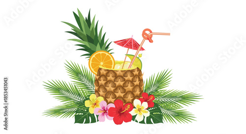 Tropical summer cocktail served in a pineapple, decorated with tropical flowers, palm leaves, citrus slices, and a festive umbrella.