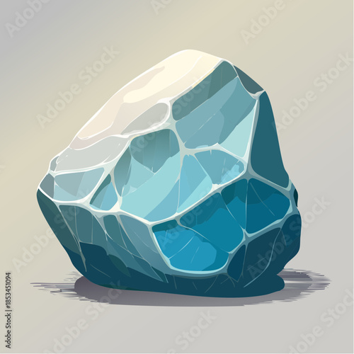 A stylized, cartoon-like illustration of a large, irregularly shaped ice crystal with blue and white hues.