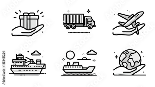 Global logistics, shipping, and delivery services icon set. E-commerce transportation, gift, truck, plane, and ship line art illustrations.