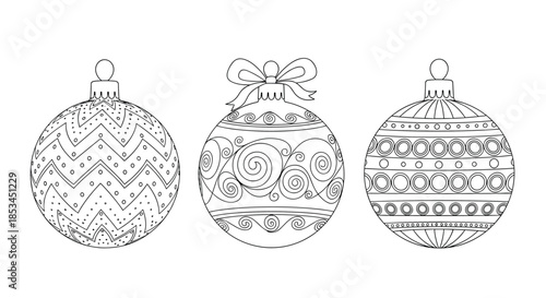 Set of three intricately designed Christmas baubles with detailed doodle patterns, presented as a black and white line art coloring page.