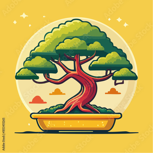 Cartoon illustration of a bonsai tree in a yellow pot against a yellow background.