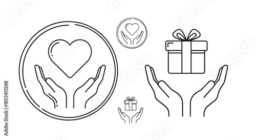 Collection of line art icons showing cupped hands carefully holding a heart and a gift box, symbolizing love, charity, and giving.