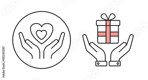 Set of modern icons with hands holding a nested heart and a gift with a pink ribbon, representing concepts of charity and love.