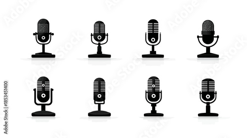 Set of retro vintage microphone icons. Black silhouettes of classic studio and broadcasting mics for podcasting and audio recording.