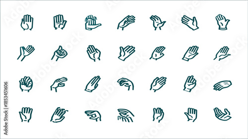 Set of diverse hand gesture line art icons. Collection of various human hand poses, communication symbols, and actions for graphic design.