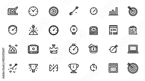 Black and White Outline Icons Set for Business Strategy, Time Management, Goals, Success, and Analytics on White