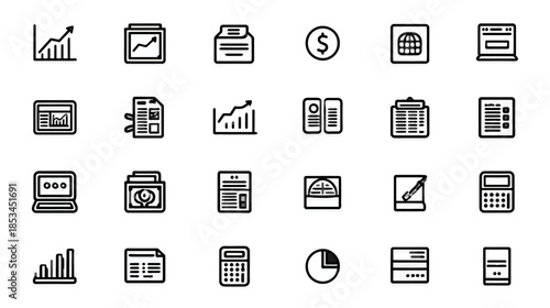 Minimalist Black Line Icons Set for Business, Finance, Data Analysis, Accounting, and Office Management Concepts