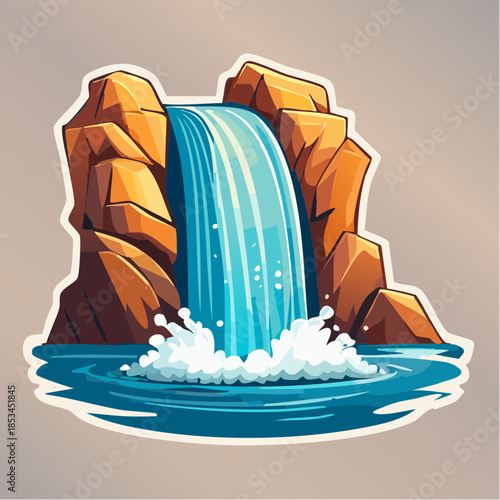 Cartoon waterfall cascading into a pool surrounded by rocks, sticker style.