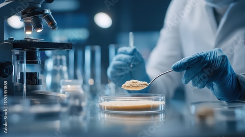 Close up scene of researcher examining alternative protein powder in sterile lab conditions with organized instruments promoting eco forward food innovation for sustainable biotechnology and nutrition