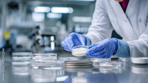 Laboratory specialist evaluating powdered protein sample over stainless surfaces and glassware, highlighting next-generation food research, perfect for sustainable nutrition and biotech advancement.