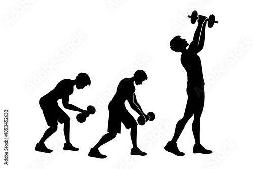 set of Man lifting dumbbell silhouette vector illustration isolated on white background