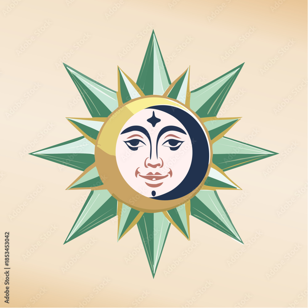 Fototapeta premium Stylized sun and moon face with starburst, evoking celestial or mystical themes.