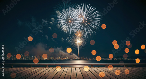 White fireworks bursting in night sky with bokeh lights and blurred city skyline from wooden boardwalk view