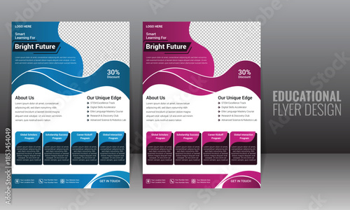 Educational flyer design template set with organic shapes, 4 key features and blue and red gradient colors