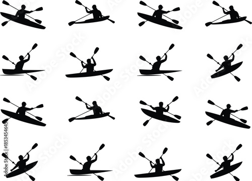 Silhouettes of kayakers paddling in various positions, outdoor water sport activity, adventure lifestyle, recreation concept, fitness and exploration illustration