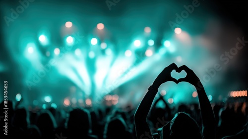 Crowd of Audience at during a concert with silhouette of a heart shaped hands shadow, light illuminated is power of music concert