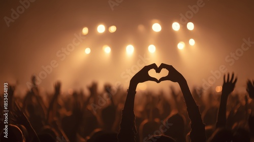 Crowd of Audience at during a concert with silhouette of a heart shaped hands shadow, light illuminated is power of music concert